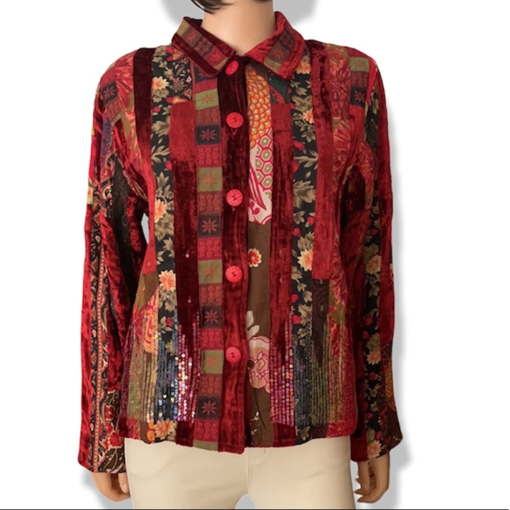 NWOT Coldwater Creek Red Black Gold Paisley Patchwork Jacket Size M